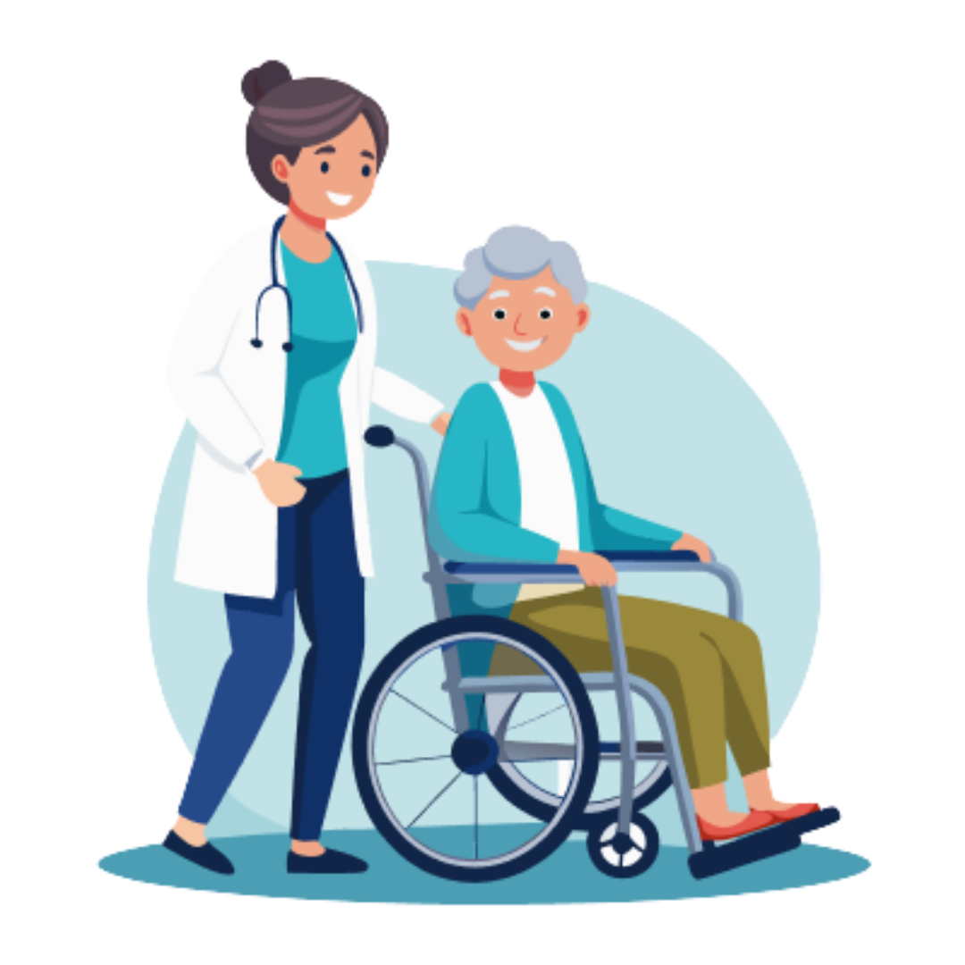 Niamm Caregiver pushing elderly patient in a wheelchair