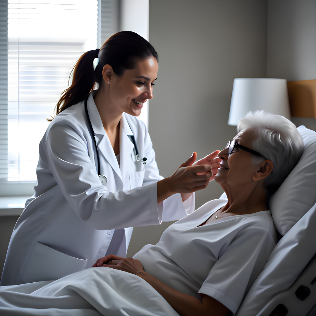 Caregiver smiling with senior patient